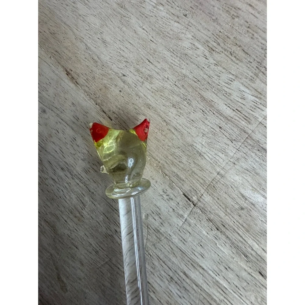 Vintage Hand Blown Glass Swizzle Stick Cocktail Stirrer Animal Head Red Clear 7
